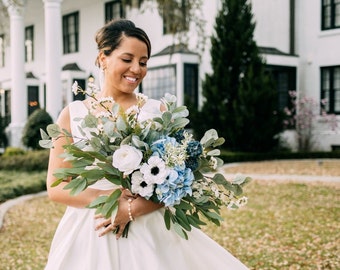 Bridal Flowers Bouquet, Blue Wedding Bouquet, Silk Flower Bouquet Bride, Bridesmaid Bouquets, Blue White Sage Hydrangea Anemone Rose Thistle