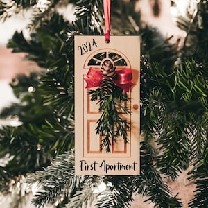 First Apartment Ornament 2024, First Christmas in New Apartment, Christmas Gift for Newlyweds, Wood Door Ornament, Housewarming Gift w Box