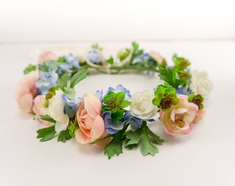 Flower Girl Crown, Flower Crown for Bridesmaid, Pink and Blue Ranunculus Floral Crown, Boho Flower Halo, Floral Headband Wreath