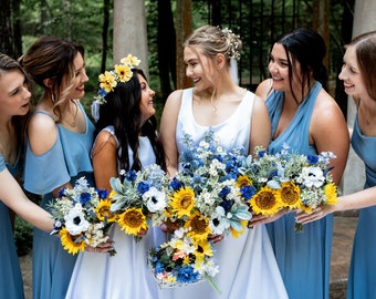 Sunflower Bridesmaid Bouquets, Summer Wedding Bouquet Set, Wildflower Bouquet, Blue and Yellow Artificial Flower Bouquets, Wedding Flowers