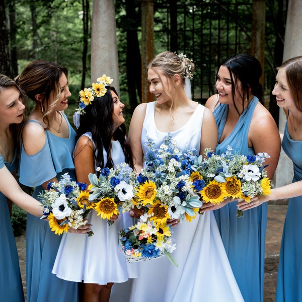 Sunflower Bridesmaid Bouquets, Summer Wedding Bouquet Set, Wildflower Bouquet, Blue and Yellow Artificial Flower Bouquets, Wedding Flowers