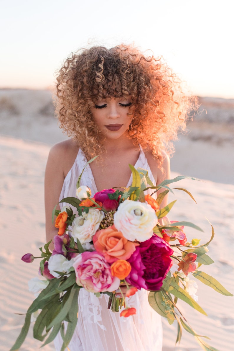 Wedding Bouquet, Magenta Boho Bridal Bouquet, Colorful Spring Bouquet, Destination Elopement Wedding Bouquet and Boutonniere Set image 5