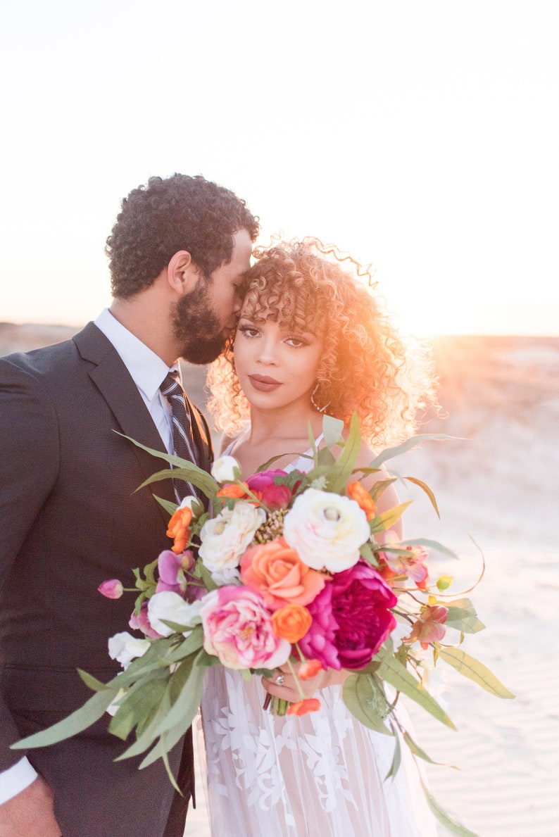 Wedding Bouquet, Magenta Boho Bridal Bouquet, Colorful Spring Bouquet, Destination Elopement Wedding Bouquet and Boutonniere Set image 3