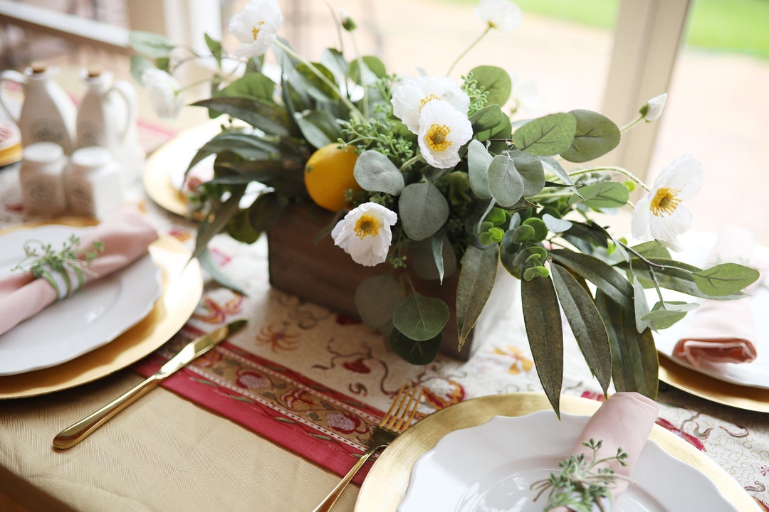 Floral Arrangement, Eucalyptus White Poppy and Lemon Centerpiece in