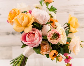 Yellow Peach Pink Bridal Bouquet, Peony Bouquet, Romantic Regency Wedding Bouquet Set, Silk Flower Bouquet for Bride, Garden Wedding Flowers
