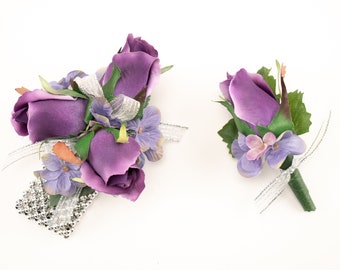 Purple Corsage for Prom, Rose Corsage, Corsage and Boutonniere Set, Wrist Corsage, Lavender Prom Flowers with Silver Wristlet, Homecoming