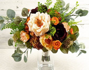 Orange Burgundy and Peach Wedding Bouquet Set, Fall Bridal Bouquet, Boho Silk Floral Bouquet, Autumn Wedding Flowers, Rose Eucalyptus