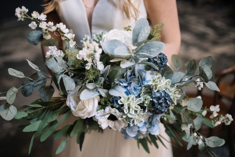 Blue Bridal Bouquet, Classic Blue Wedding Bouquet, Blue and White Silk Floral Bouquet Set, Bouquet and Boutonniere Wedding Package image 8