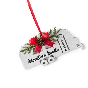 Adventure Awaits Silver Camper Ornament 2024, Gift for New Camper Owner, RV Christmas Ornament, Retro Travel Trailer Ornament Camping Gift image 5