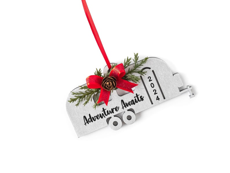 Adventure Awaits Silver Camper Ornament 2024, Gift for New Camper Owner, RV Christmas Ornament, Retro Travel Trailer Ornament Camping Gift image 5