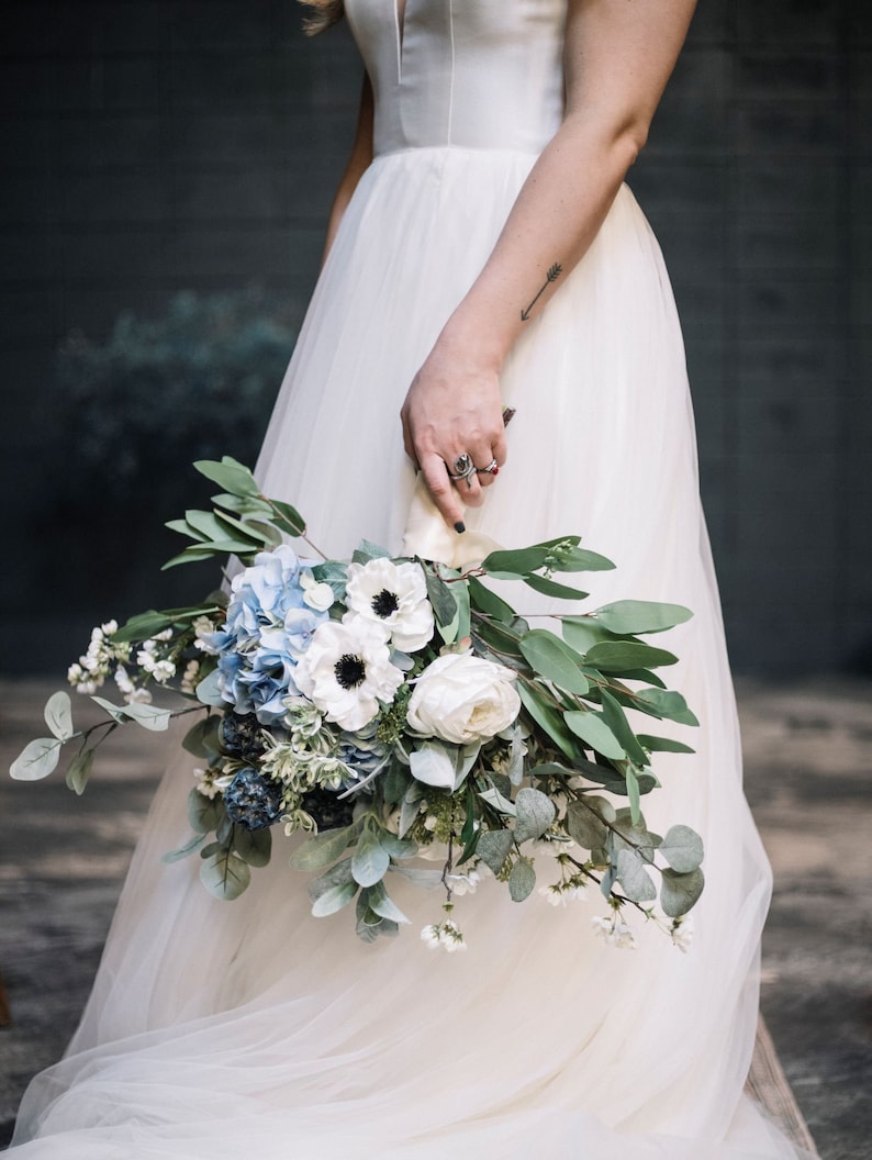 Blue Bridal Bouquet, Classic Blue Wedding Bouquet, Blue and White Silk Floral Bouquet Set, Bouquet and Boutonniere Wedding Package image 5