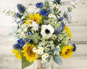 Sunflower Bridal Bouquet, Summer Wedding Bouquet Set, Wildflower Bouquet, Blue and Yellow Flower Bouquet, Rustic Wedding Flowers