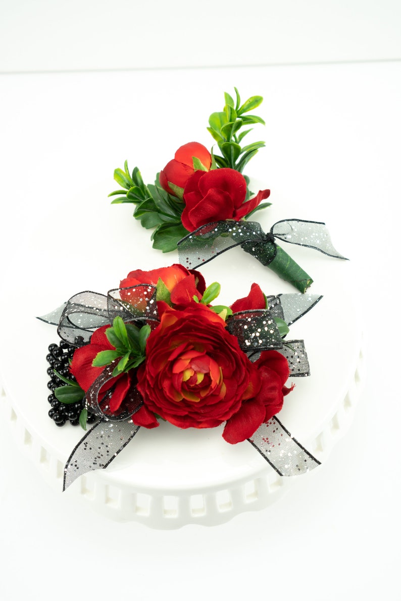 Red and Black Prom Corsage Homecoming Corsage Wrist Corsage image 0