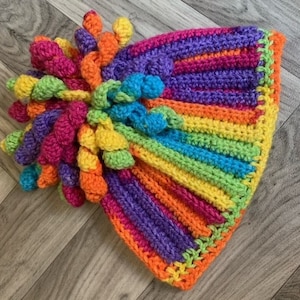 Rainbow crochet beanie hat with curly top - handmade - family matching.