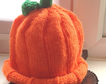 Patrón de tejido de gorro de calabaza con tallo y hoja - tallas 0-6 meses hasta adulto. Pdf digital, descarga instantánea