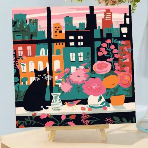Cat on a windowsill paint by numbers kit 20cm x 20cm