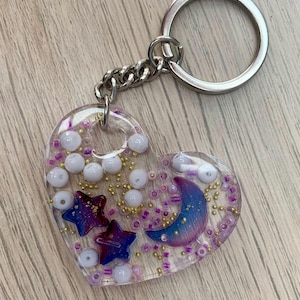 Moon and star purple heart shaped keychain, celestial keyring, stocking filler, resin keychain, handbag charm