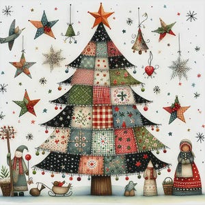 May include: A colourful illustration of a Christmas tree with a patchwork design. The tree is decorated with star-shaped ornaments, snowflakes, and other festive elements. Figures of people and animals are at the base of the tree.
