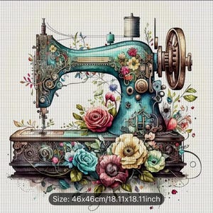 May include: An illustration of a teal vintage sewing machine decorated with flowers. The artwork shows a detailed design with a floral arrangement of roses and other blooms. The image size is 46 x 46 cm.