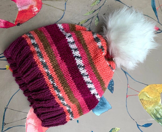Beanie Hat Striped Orange and Purple With Faux Fur Pompom  display picture 3
