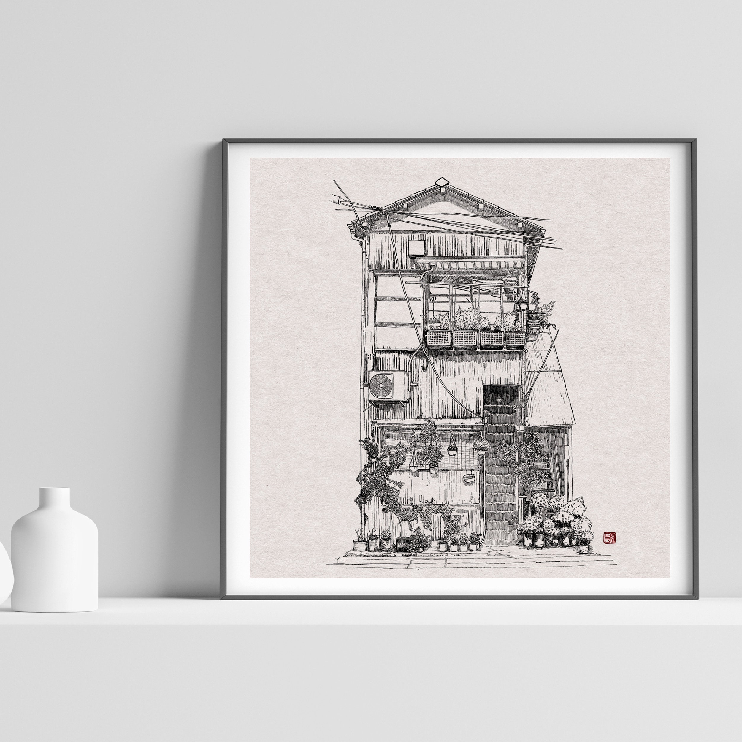 Hand Drawing Japanese House 2 Wall Art Urban Sketching Etsy