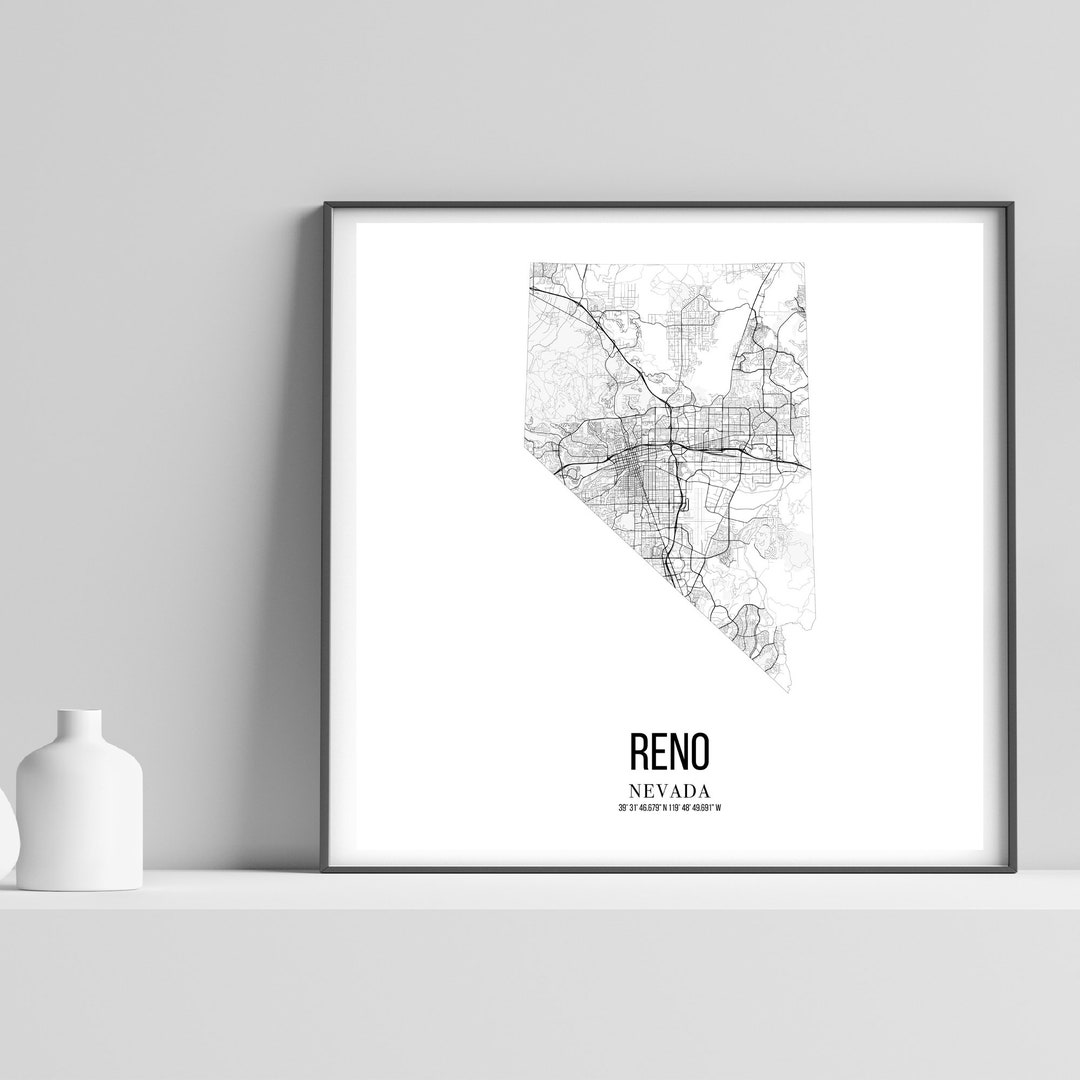 Reno Street Map in Nevada State Map B&amp;W Prints Wall Art Home Decor Artwork Poster Printable ...