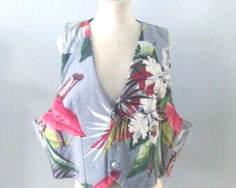 Plus Size Vest made of Vintage bark cloth in a tropical floral print