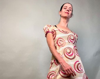 Laura Ashley Style silk maxi dress in red and creme color circle print.