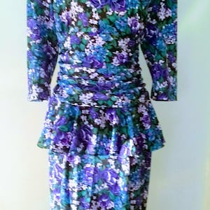 Long Sleeve Purple Floral Dress size 14,100% Polyester Dress with padded shoulders. Designed by JB Too Y2K dress with peplum. image 1