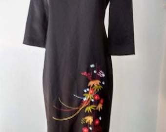 Black Silk Oriental Cheongsam Dress with Embroidered Flowers