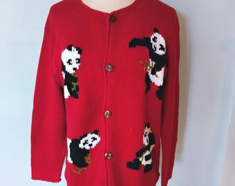 Red Cotton Cardigan Sweater with Pandas size medium/large. Hand knitted with wooden buttons.
