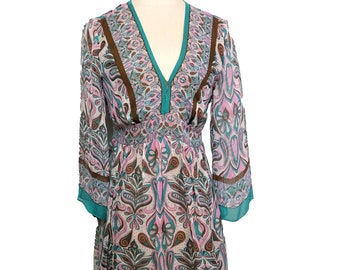 Boho Silk Dress - Nicole Miller - Size 10 - Long Sleeve Sash Waist