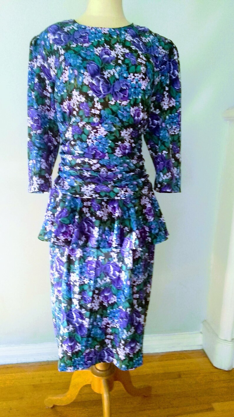 Long Sleeve Purple Floral Dress size 14,100% Polyester Dress with padded shoulders. Designed by JB Too Y2K dress with peplum. image 1