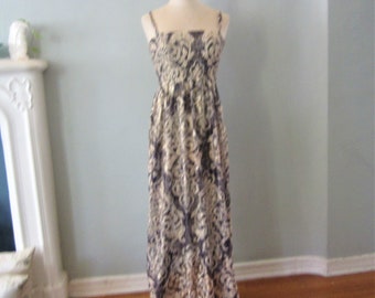 1970's Long Sun  Dress with shimmering gold, navy, and beige stretch fabric.