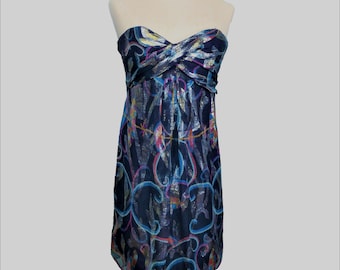 Nicole Miller Strapless Silk Dress: Metallic Abstract Print, Size 0 Petite