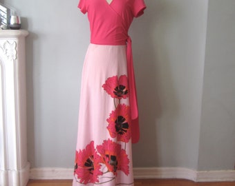 1960's Alfred Shaheen signed Maxi dress with Barbie pink top and pale pink skirt with large pink ,black and orange flowers.