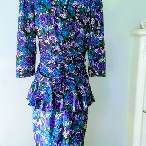 Long Sleeve Purple Floral Dress size 14,100% Polyester Dress with padded shoulders. Designed by JB Too Y2K dress with peplum. image 2