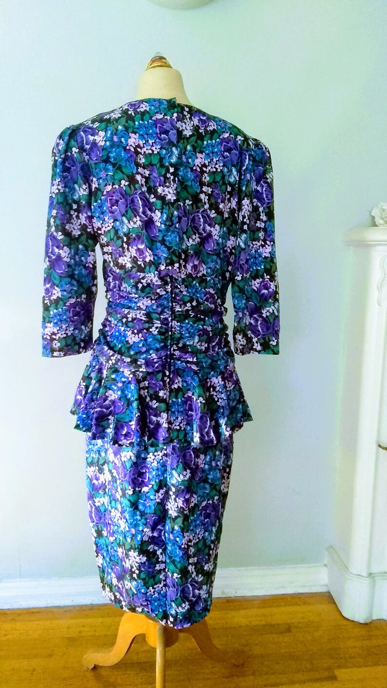 Long Sleeve Purple Floral Dress size 14,100% Polyester Dress with padded shoulders. Designed by JB Too Y2K dress with peplum. image 2