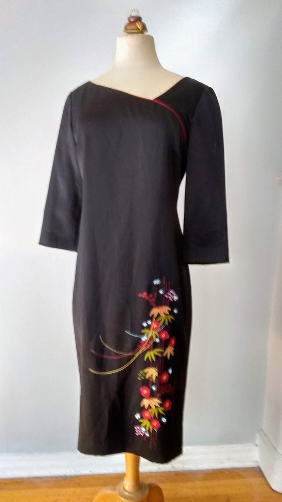 Black Silk Oriental Cheongsam Dress with Embroide… - image 1
