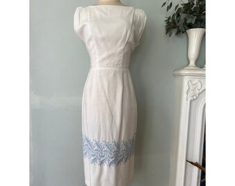 1960's White sheath dress with light blue embroidered skirt.  By: Mr. Mac Deadstock with tags!
