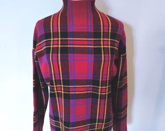 Long Sleeve Preppy Red Plaid Rayon Sweater by Tahari size Medium with a mock collar..