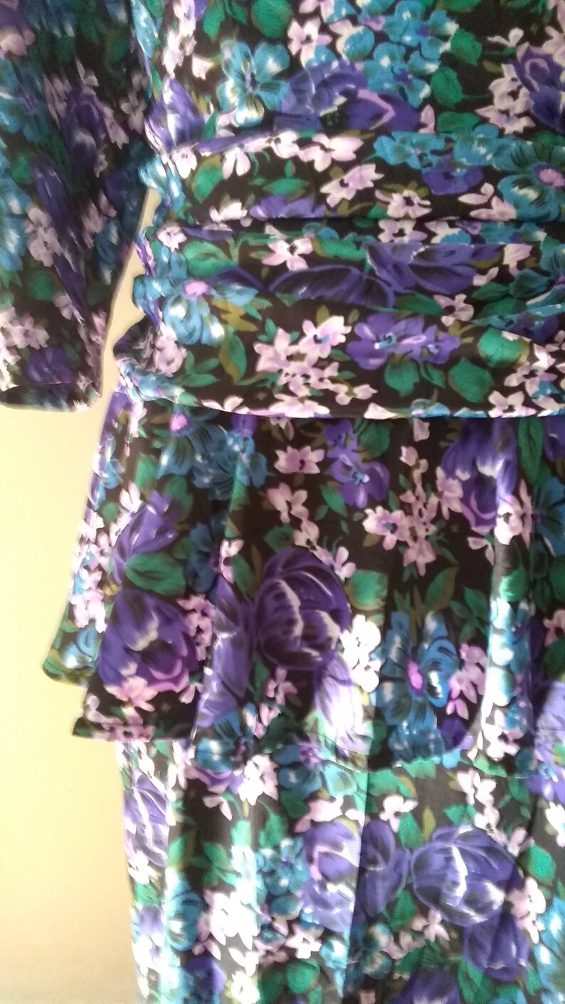 Long Sleeve Purple Floral Dress size 14,100% Polyester Dress with padded shoulders. Designed by JB Too Y2K dress with peplum. image 3