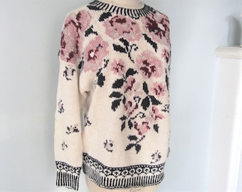 Cotton Pull Over Sweater with Pink Rose Print. Beach sweater by Hunters Run.