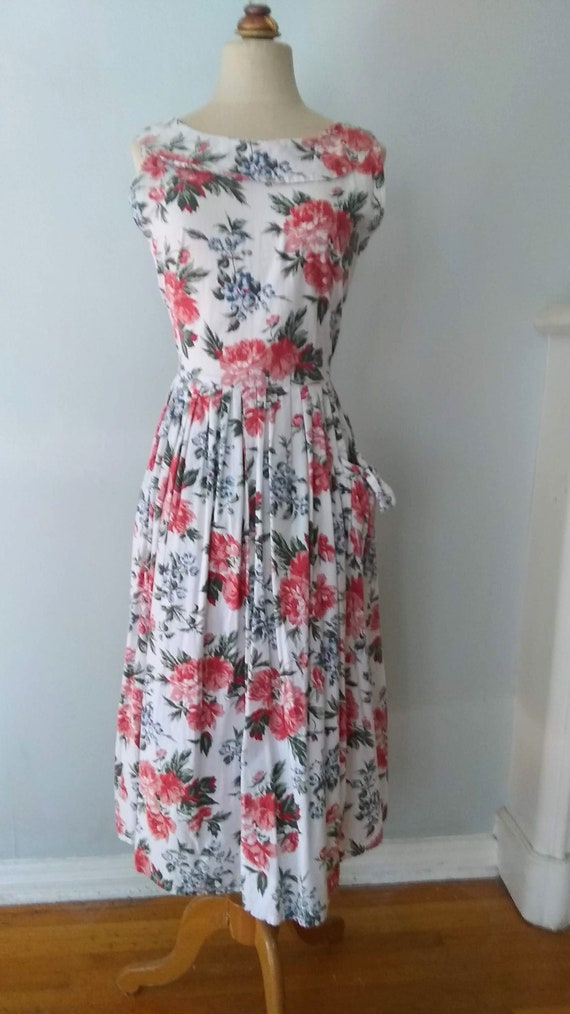 Rose Print Cotton Cottage Core Dress with a pocket