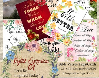 Inspirational BIBLE VERSES greeting cards, Printable download TAGS, Scripture Art hang tags, collage sheet, handmade tags, floral