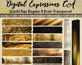 52 Gold & Black Glitter Digital Washi Tape, printable craft art, hobby crafting, scrapbooking Embellishments instant download