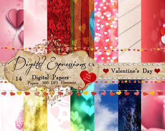 Scrapbook Kit, Digital Valentine Paper Pack, Valentines Elements Paper, Lights, Hearts, Romance, Love, Valentine Background, Red Pink Paper