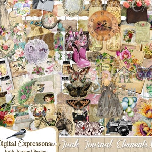 Botanical Junk Journal Kit afdrukbaar, 120+ vintage bloemen, ephemera, Shabby Chic plakboekpagina's, Instant Download