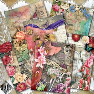 Afdrukbare Dragonfly Junk Journal Kit, Floral Grunge Ephemera Papers, Scrapbooking Papers, Digitale papierafdrukken, Collage Sheets