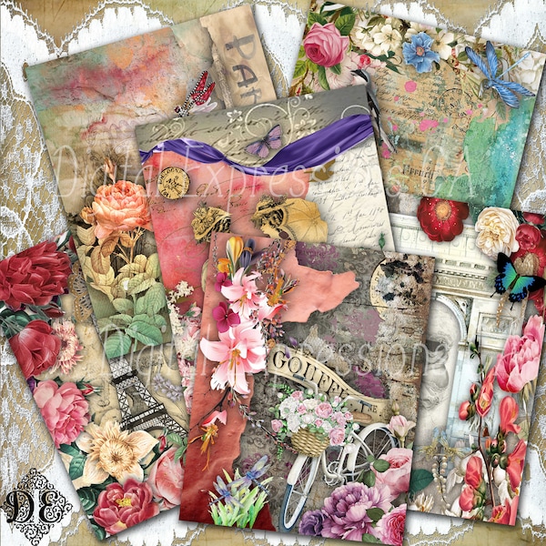 Printable Dragonfly Junk Journal Kit, Floral Grunge Ephemera Papers, Scrapbooking Papers, Digital Paper Prints, Collage Sheets